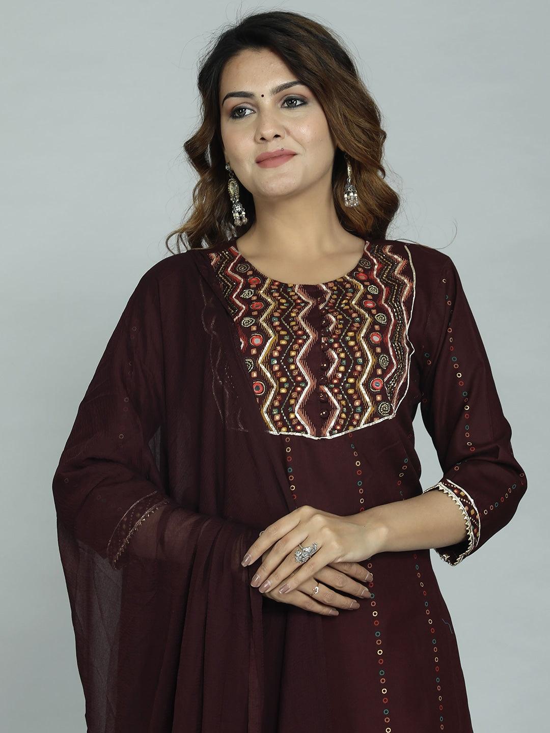 Women's Maroon Ethnic Motifs Embroidered Kurta With Sharara & With Dupatta - Noz2Toz - Indiakreations