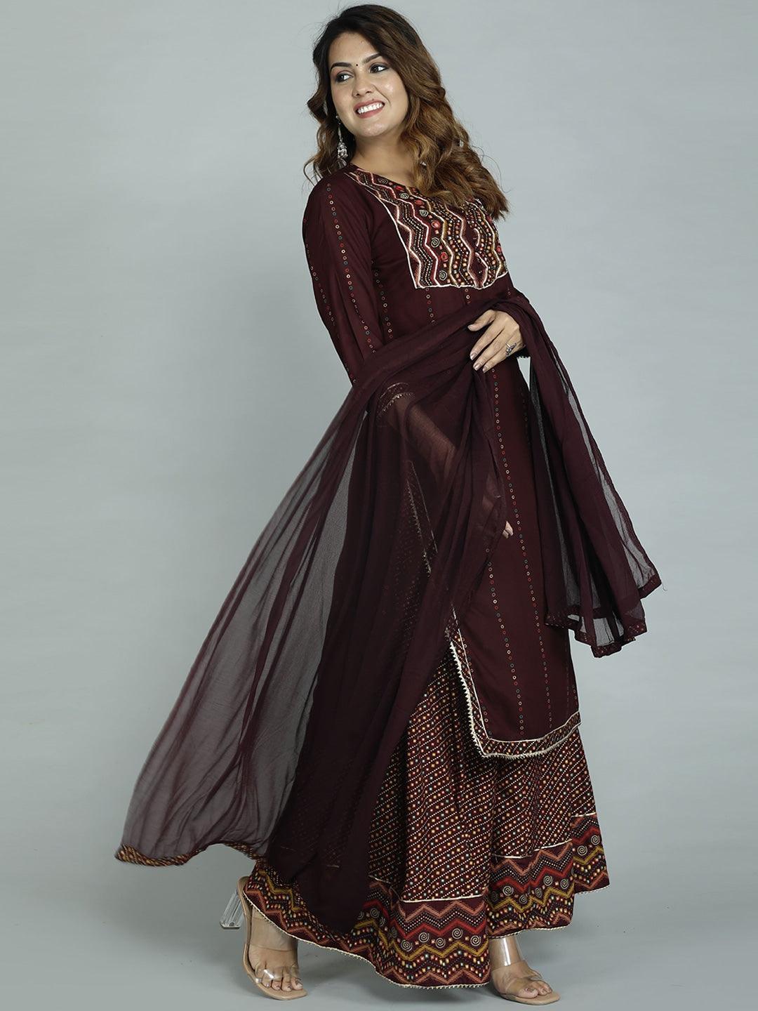 Women's Maroon Ethnic Motifs Embroidered Kurta With Sharara & With Dupatta - Noz2Toz - Indiakreations