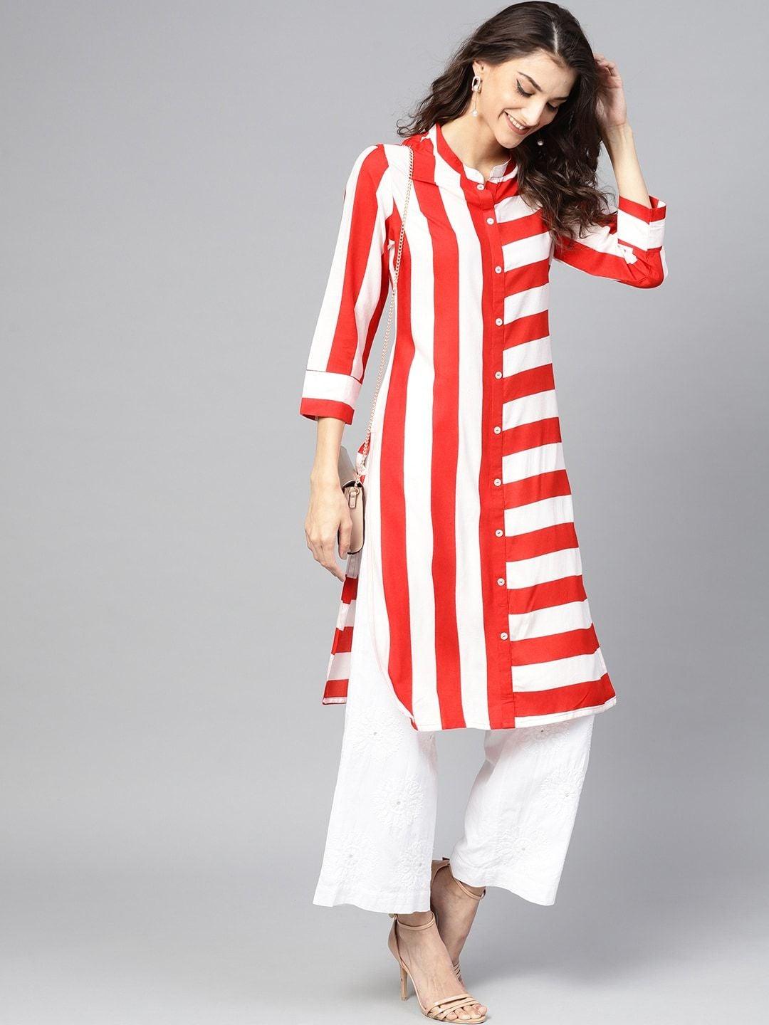 Women's Red & White Striped Straight Kurta - Meeranshi - Indiakreations