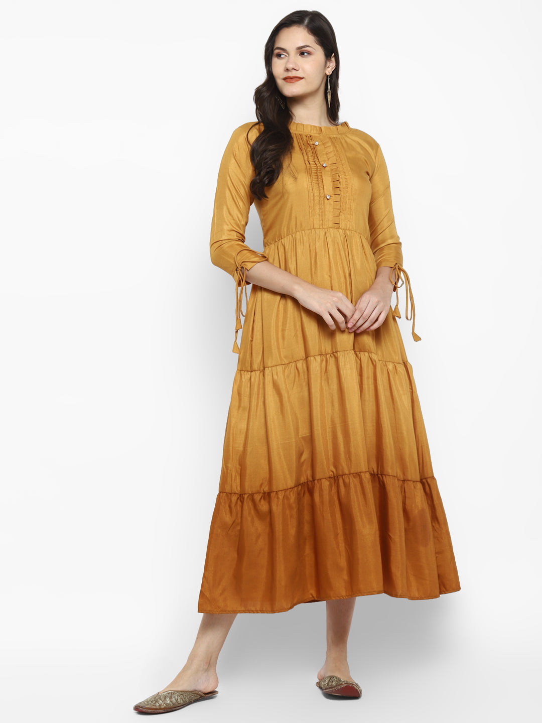 Women's Yellow Color Muslin Blend Solid A-Line Flared Dress - Vaaba