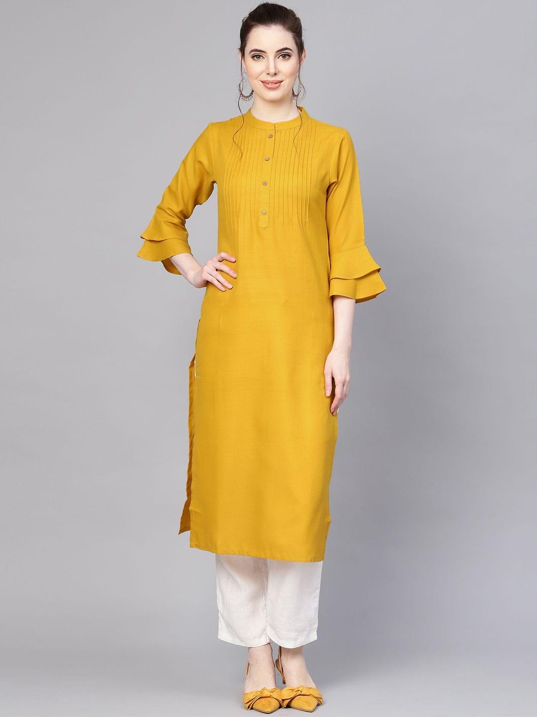 Women Mustard Yellow Solid Straight Kurta - Indiakreations