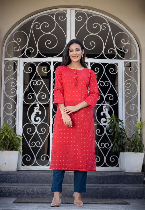 Women's Red Printed Jacket Kurta Pant Set - KAAJH