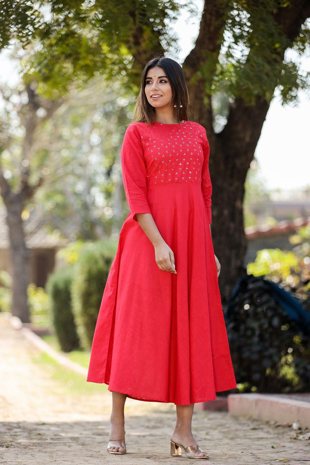 Women's Red Solid Sequin Anarkali Kurta - KAAJH - Indiakreations