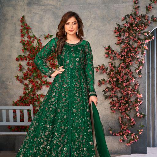 Festive Wear Net Salwar Suit in Green - Indiakreations