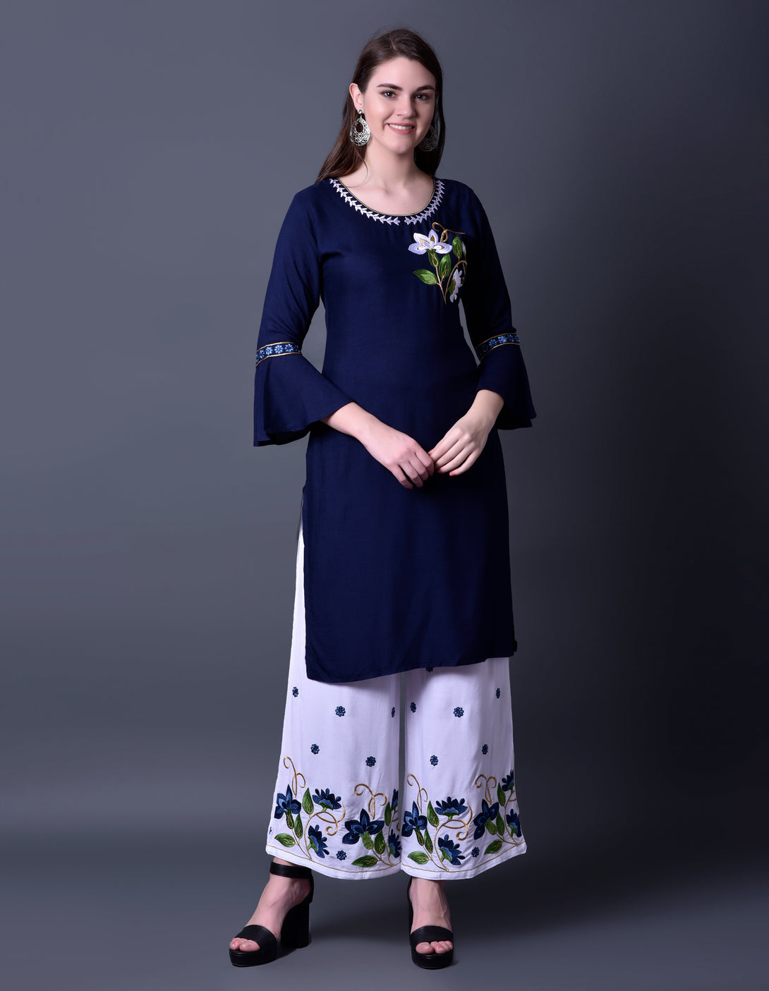 Women's Dark Blue Rayon Kurta And Sharara Set - Noz2Toz