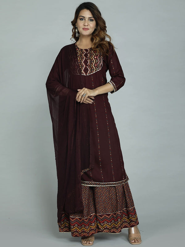 Women's Maroon Ethnic Motifs Embroidered Kurta With Sharara & With Dupatta - Noz2Toz