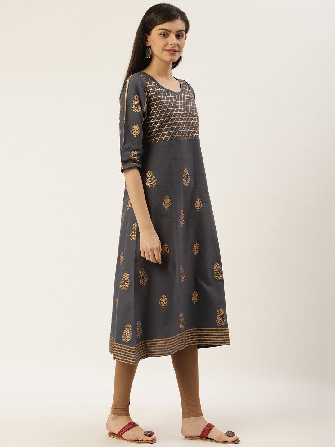 Women's Charcoal Grey & Golden Printed A-Line Kurta - Noz2Toz - Indiakreations