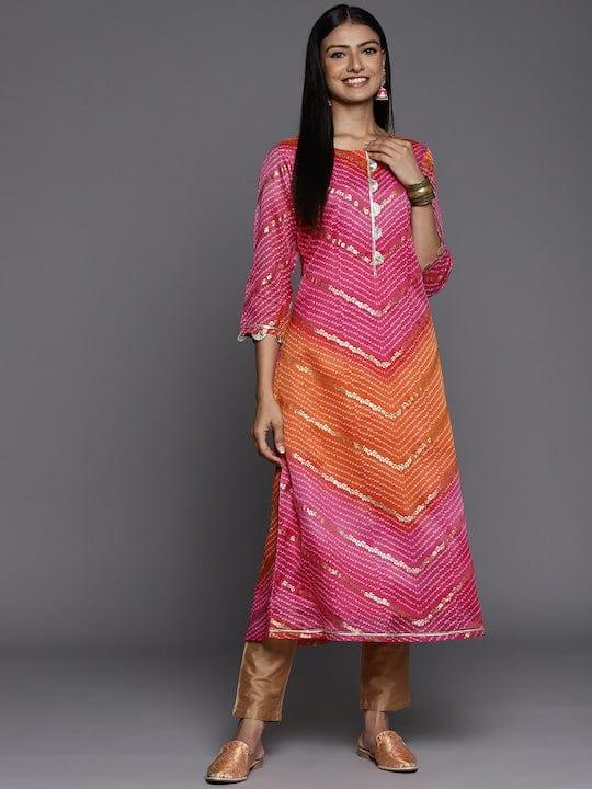 Varanga Women Pink & Orange Bandhani Printed Chanderi Silk Kurta - Indiakreations