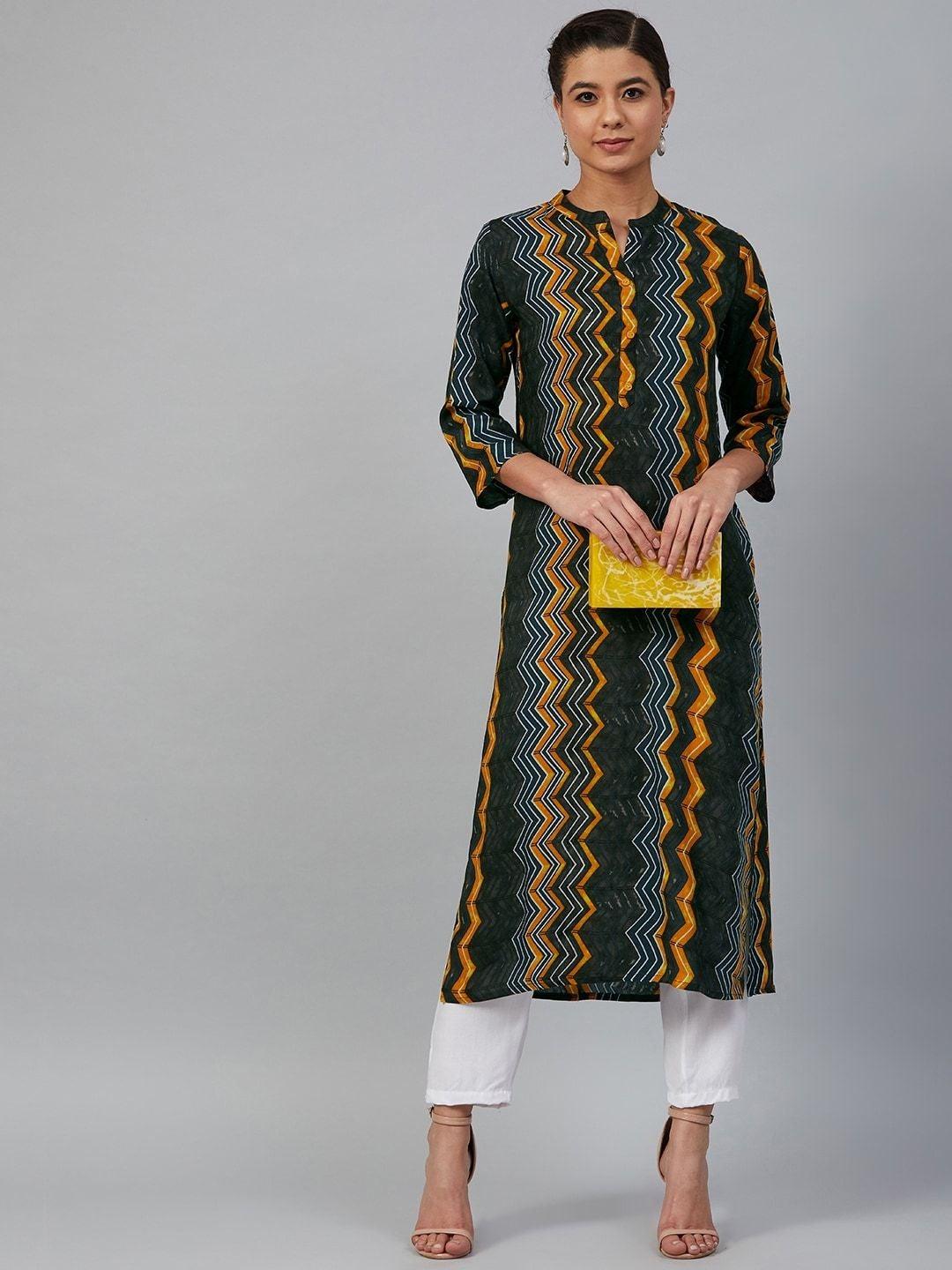 Women's Charcoal Grey & Mustard Yellow Printed Straight Kurta - Meeranshi - Indiakreations