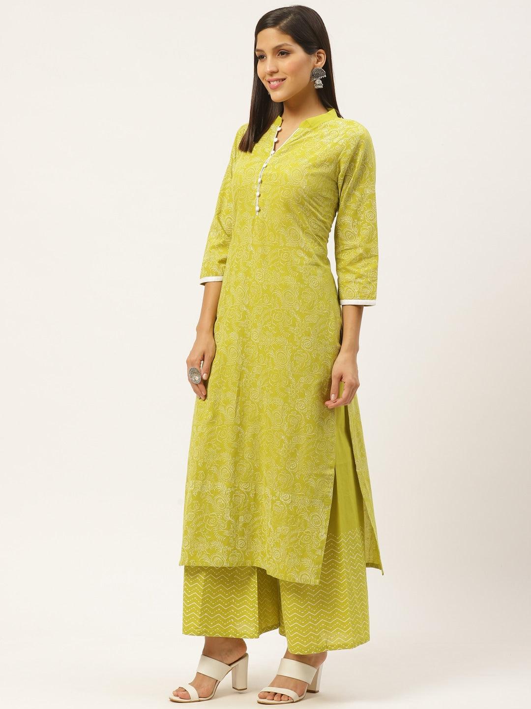 Women's Lime Green & White Block Print Kurta with Palazzo - NOZ2TOZ - Indiakreations