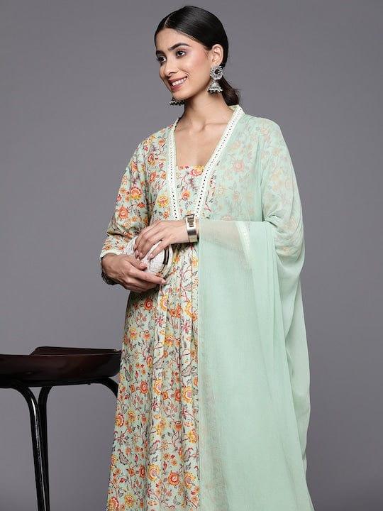 Varanga Floral Printed Regular Mirror Work Kurta With Trousers & Dupatta - Indiakreations