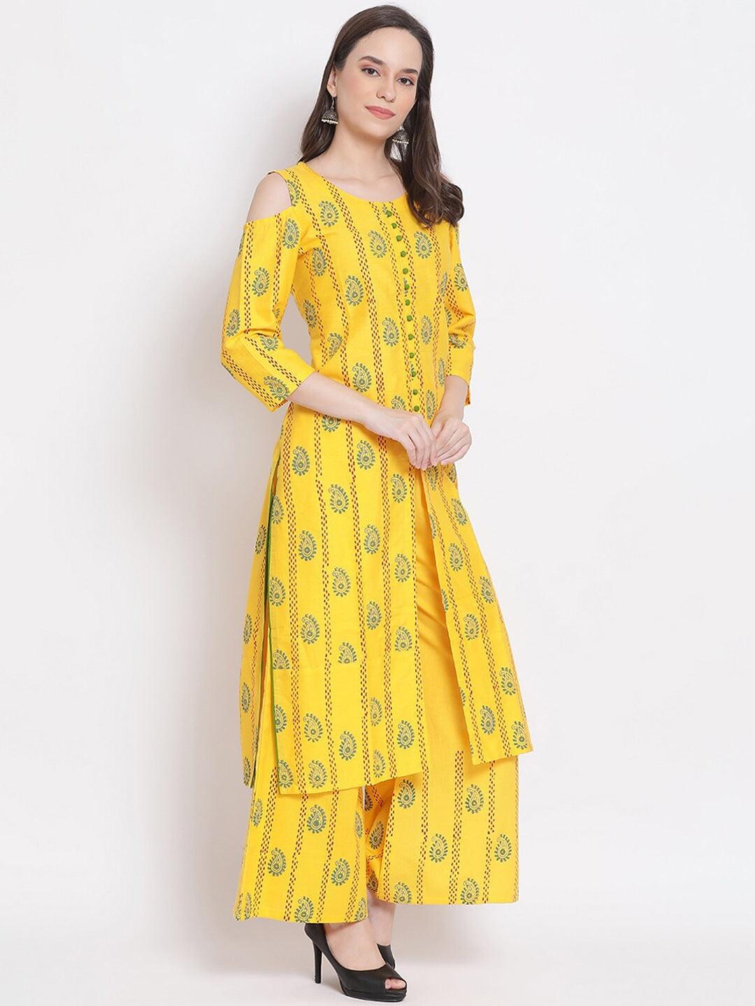 Women's Yellow Floral Embroidered Pleated Kurti With Sharara - Noz2Toz - Indiakreations