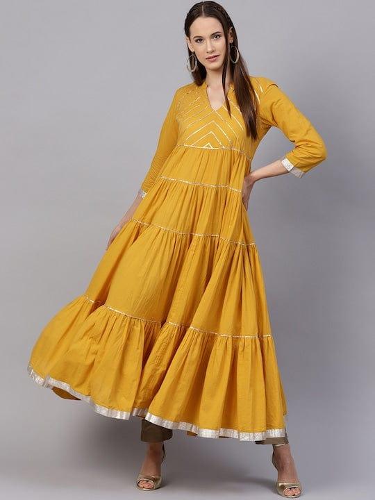 Varanga Women Mustard Yellow Solid Tiered Anarkali Kurta - Indiakreations