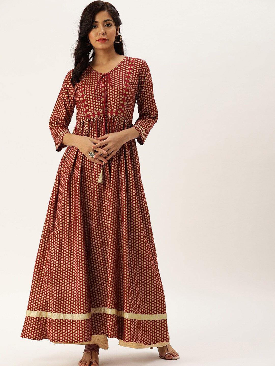 Maroon Geometric Printed Flared Sleeves Anarkali Kurta - Indiakreations