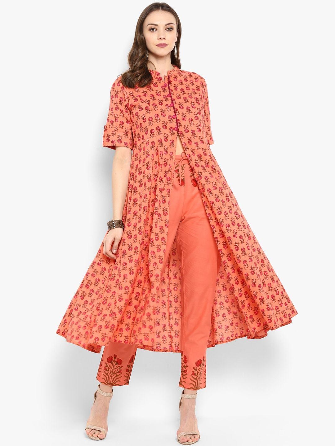 Women's Peach-Coloured & Red Printed Kurta with Trousers - Meeranshi - Indiakreations