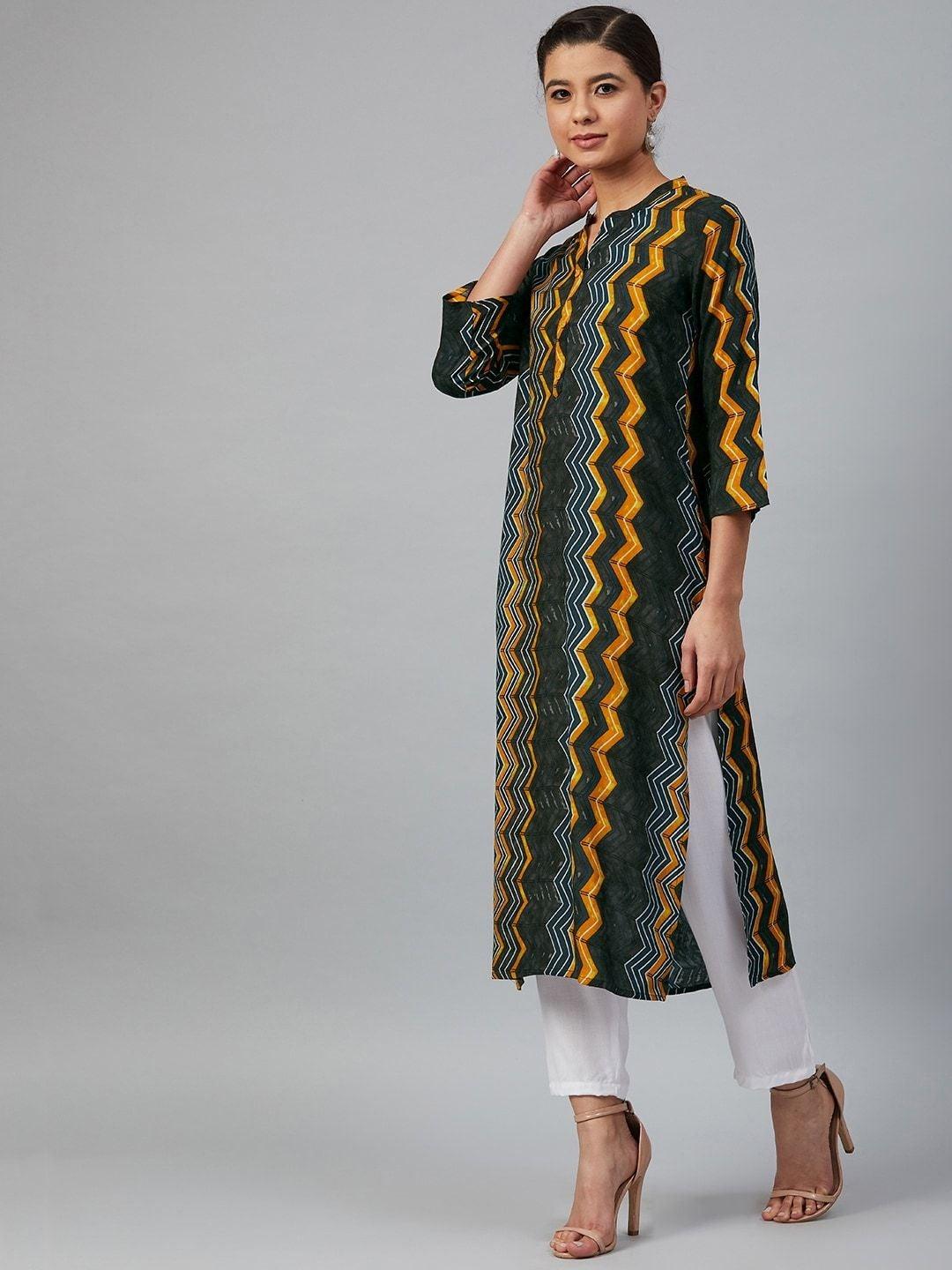 Women's Charcoal Grey & Mustard Yellow Printed Straight Kurta - Meeranshi - Indiakreations