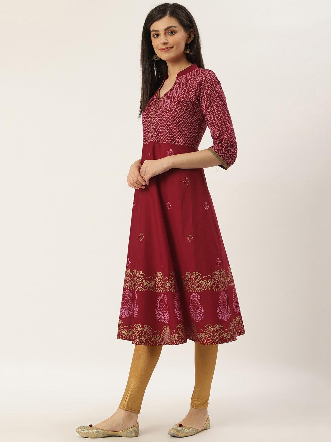 Women's Maroon Printed Anarkali Kurta - NOZ2TOZ - Indiakreations