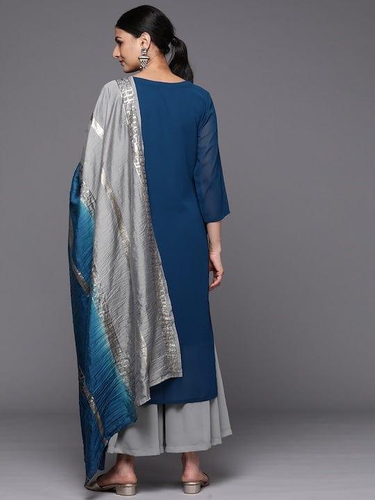 Varanga Women Grey Embroidered Sequinned Silk Georgette Kurta with Sharara & With Dupatta - Indiakreations