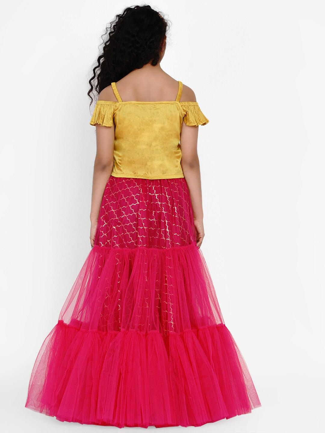 Girl's Mustard & Fuchsia Embroidered Ready to Wear Lehenga Choli - NOZ2TOZ KIDS - Indiakreations