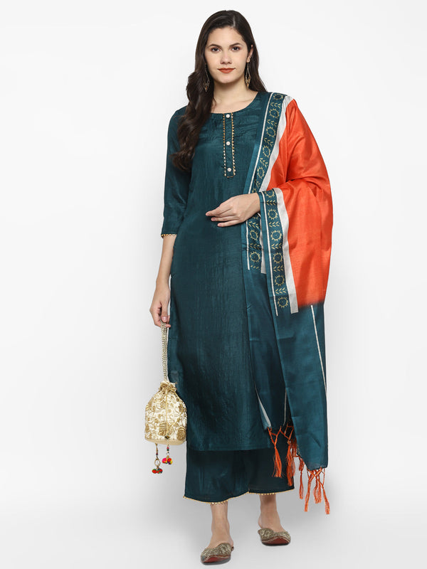 Women's Green Color Silk Blend Straight Kurta Palazzo With Dupatta - VAABA