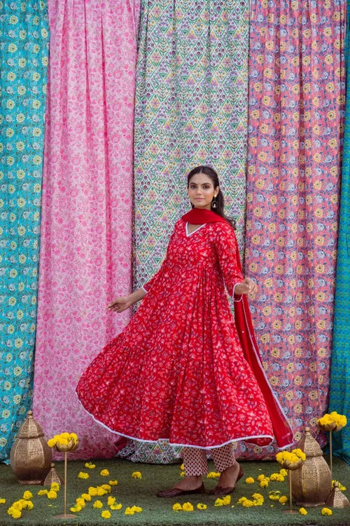 Red White Anarkali Set - Indiakreations