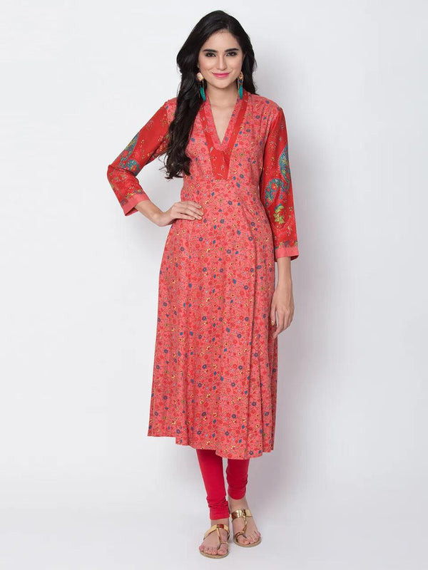 Women's Red Floral Kurta - BIBA - Indiakreations