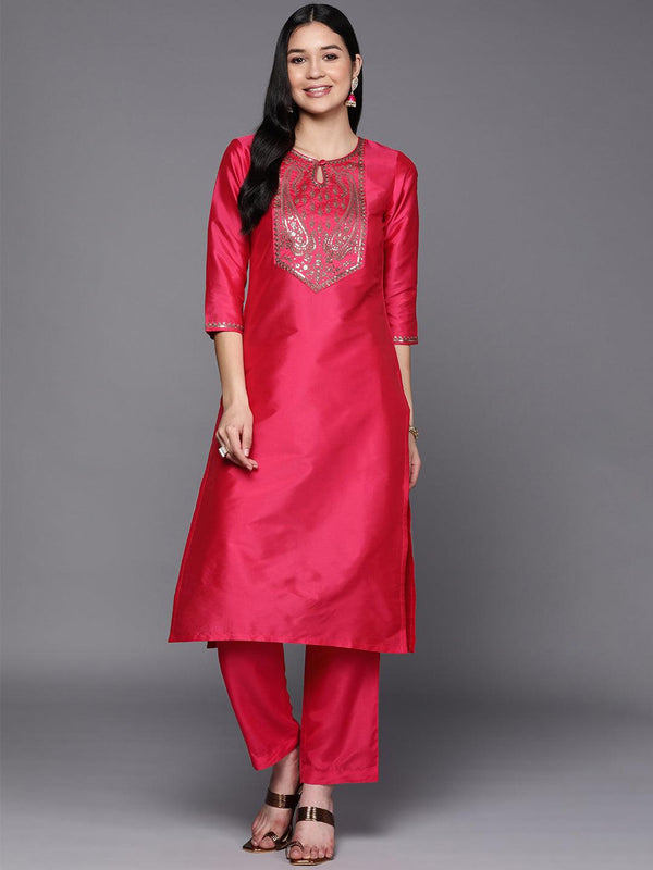 Fuchsia Yoke Design Silk Straight Kurta