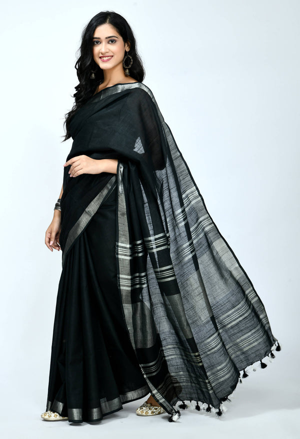 Women's Bhagalpuri Handloom Cotton Black Color Saree Mfsaree_031 - Moeza