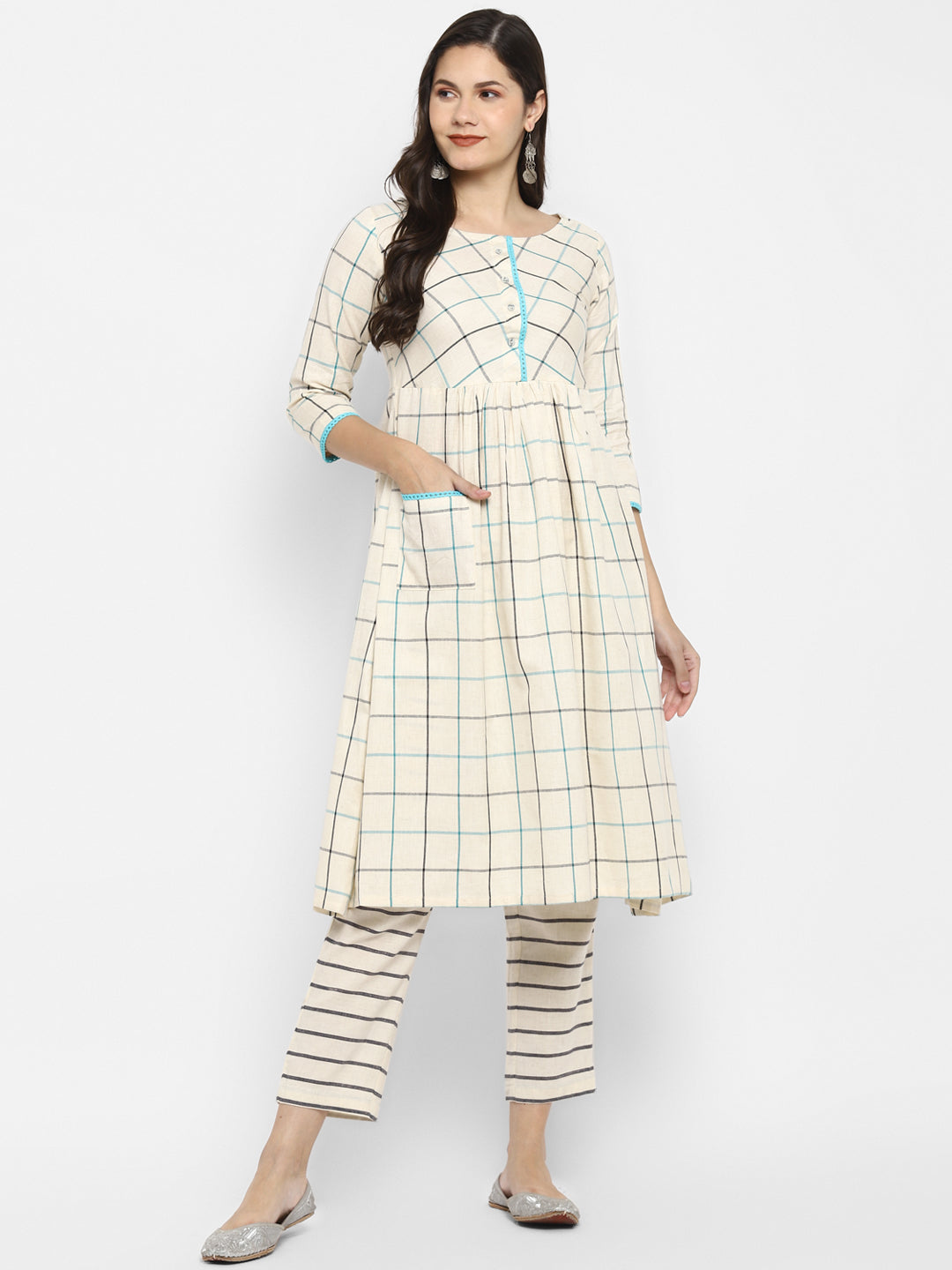 Women's Cream Color Cotton Blend Checked Straight Stripe Printed Kurta pant Set - VAABA