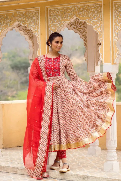 Red tier Anarkali Set - Indiakreations