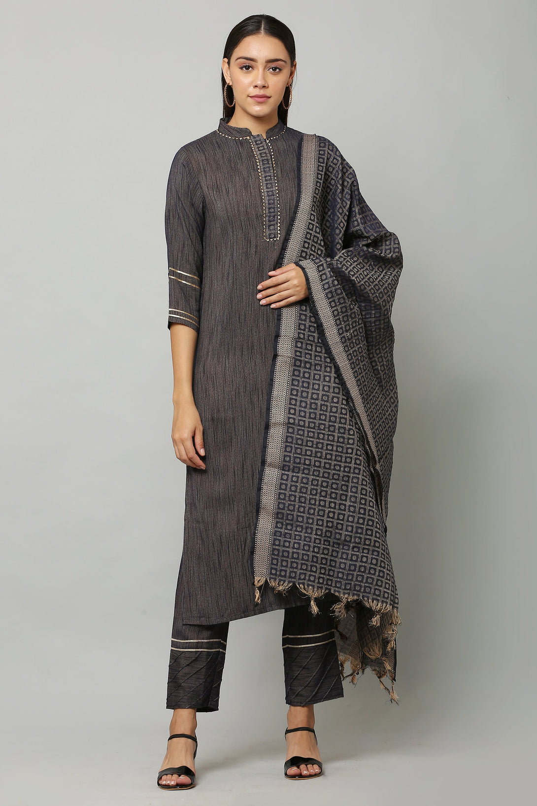 Women's Grey Color Rayon Blend Straight Printed Kurta Trouser With Dupatta - Vaaba