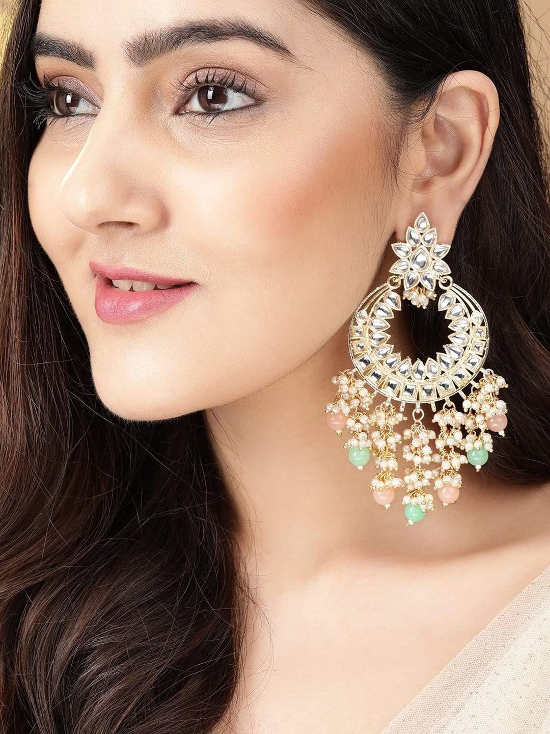 Gold Plated Festive Kundan Colorful Bead Earrings - Indiakreations