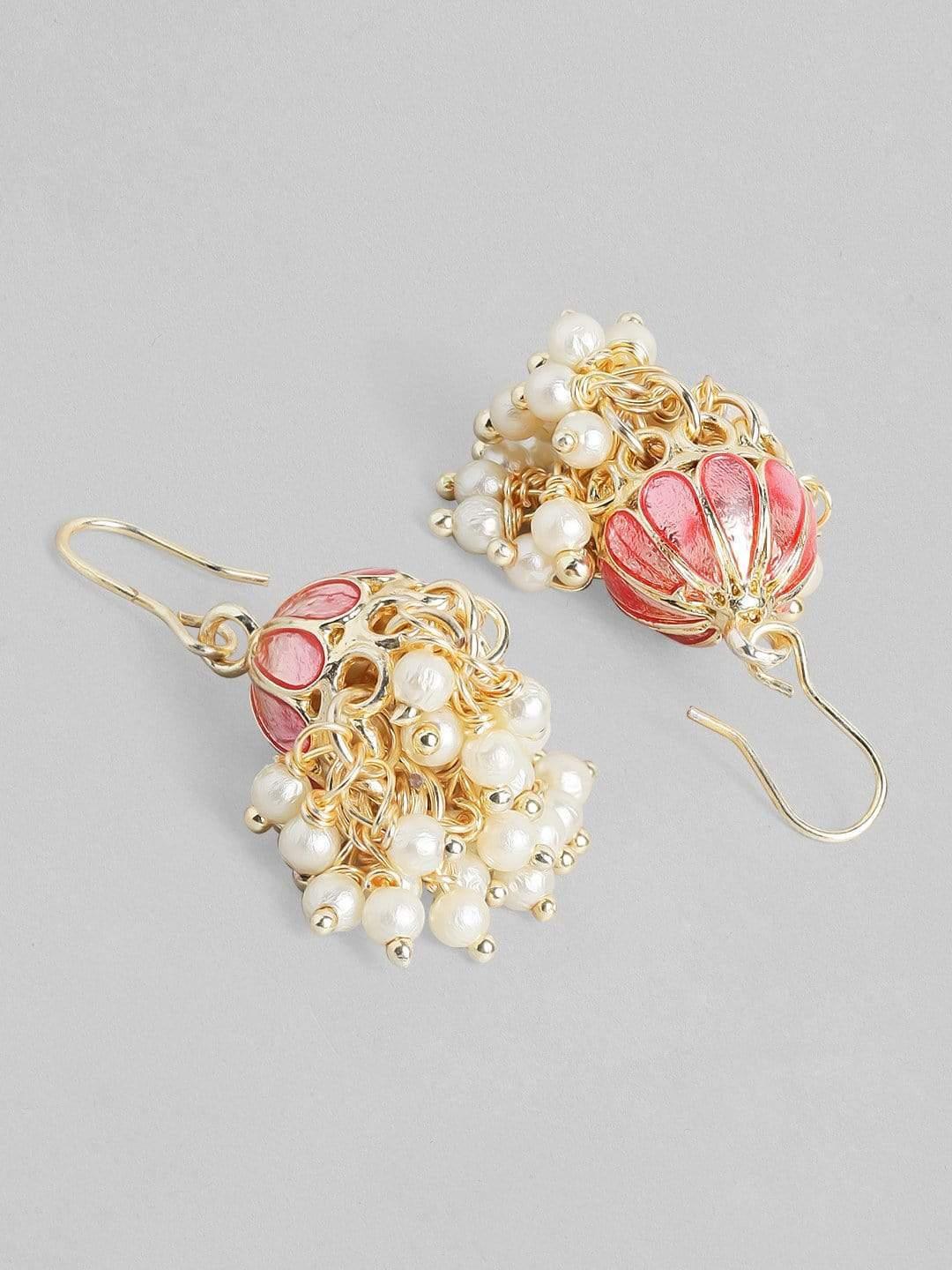 Gold Plated Handcrafted Enamel Pink Small Jhumka Earrings - Indiakreations