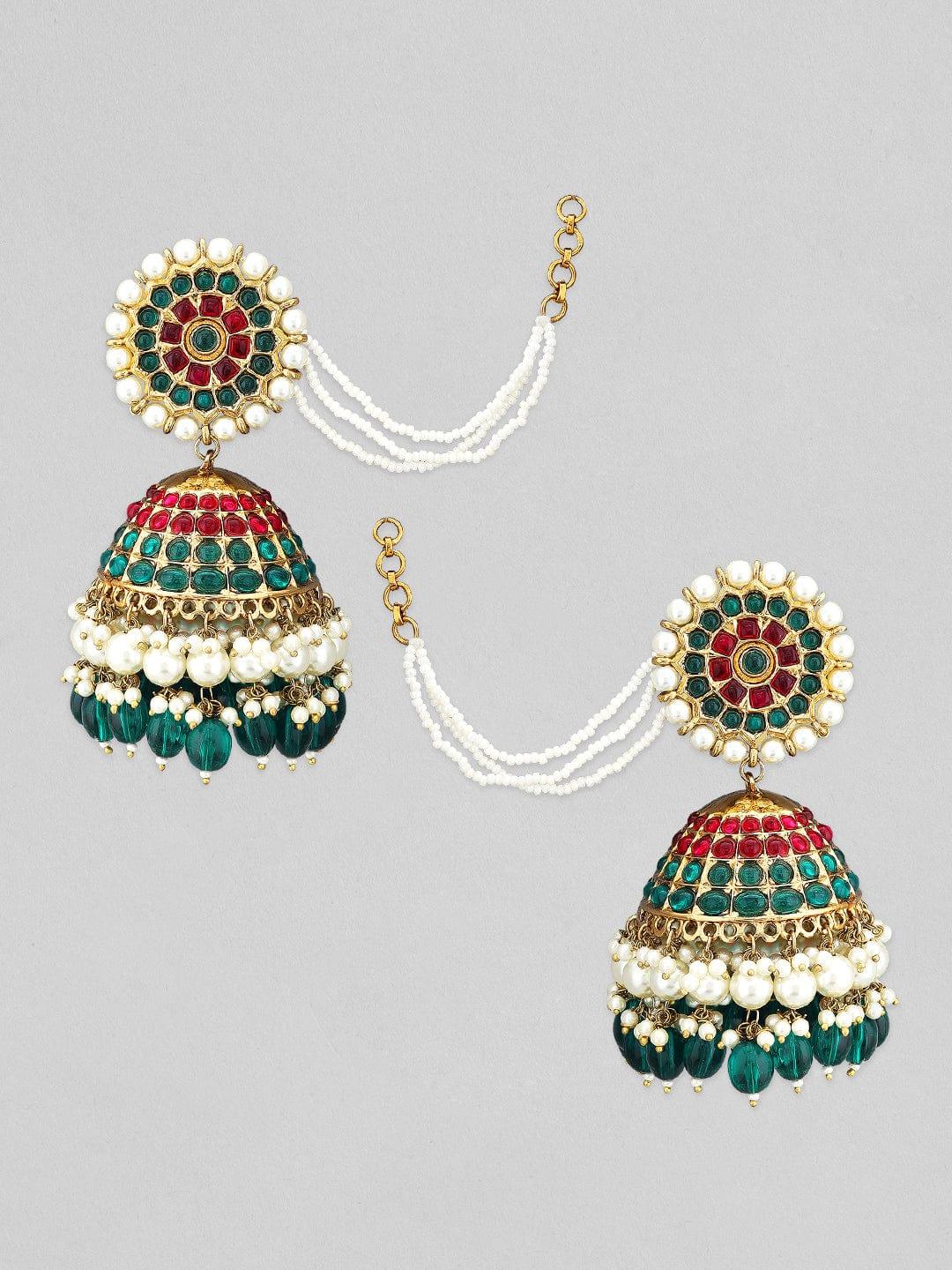 Gold-Plated Pearls Studded Enamel Assorted Jhumka Earrings - Indiakreations