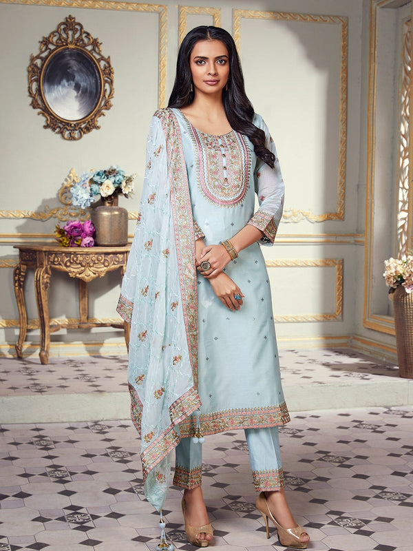 Light Blue Simple Pant Kurta Set for Women Paired with Threadwork Dupatta