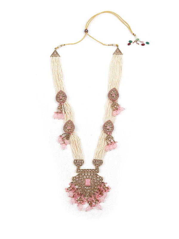 Women's Gorgeous Baby Pink Beaded Kundan Necklace Set - Odette