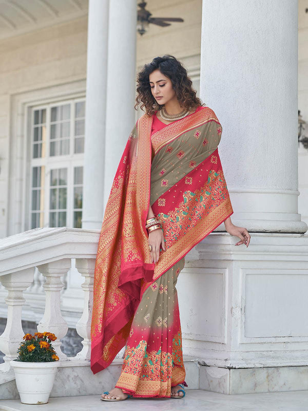 Women's Gorgeous Woven Grey Banarasi Silk Saree - Odette