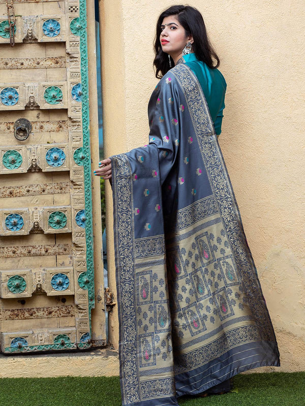 Women's Gorgeous Woven Grey Banarasi Silk Saree - Odette