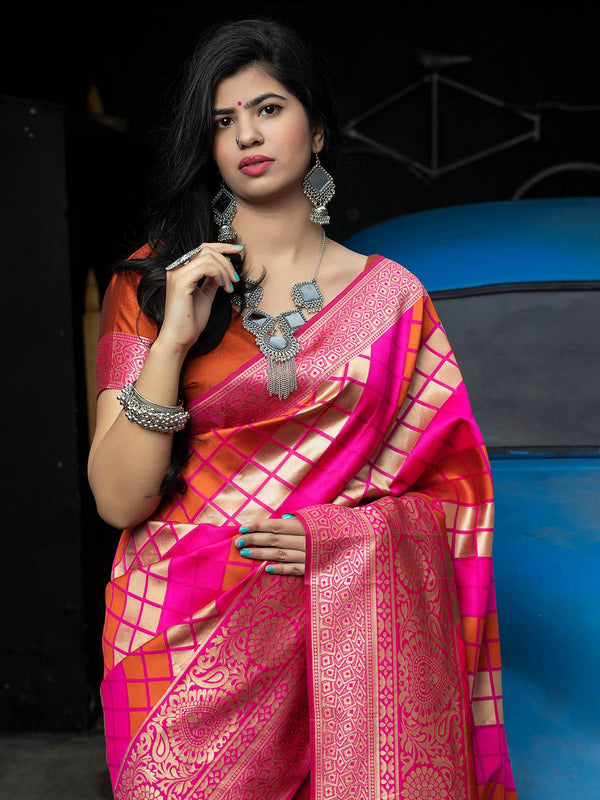 Women's Gorgeous Woven Pink Banarasi Silk Saree - Odette