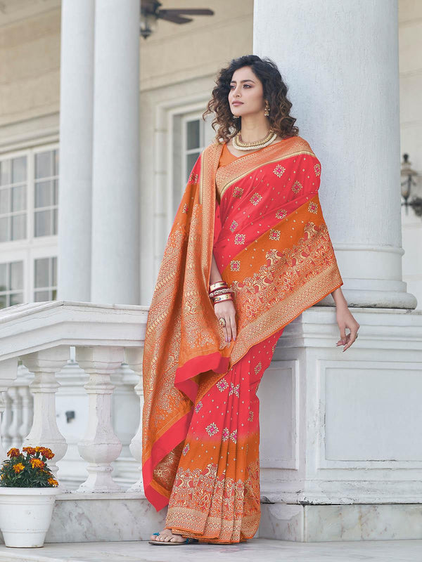 Women's Gorgeous Woven Red Banarasi Silk Saree - Odette