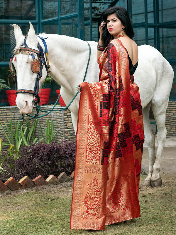 Women's Gorgeous Woven Red Banarasi Silk Saree - Odette