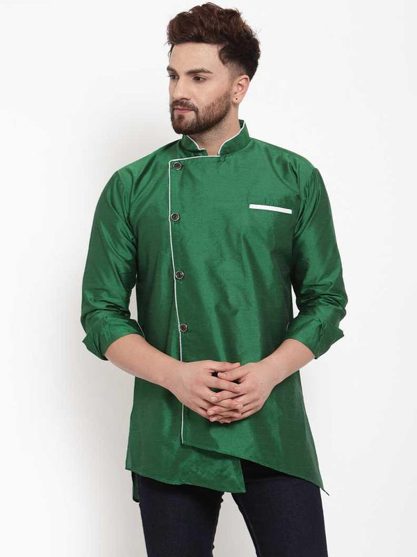 Men's Silk Blend Dark Green Asymmetrica Short Kurta - Benstoke - Indiakreations