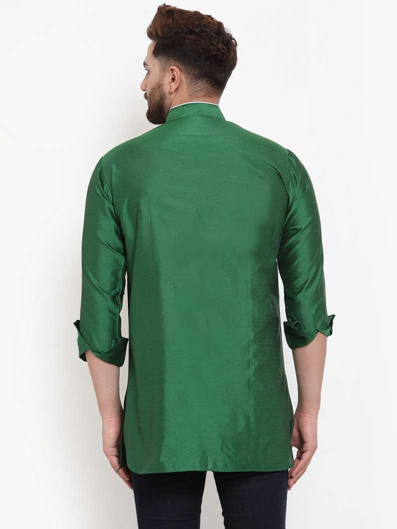 Men's Silk Blend Dark Green Asymmetrica Short Kurta - Benstoke - Indiakreations