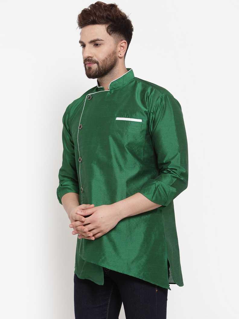 Men's Silk Blend Dark Green Asymmetrica Short Kurta - Benstoke - Indiakreations