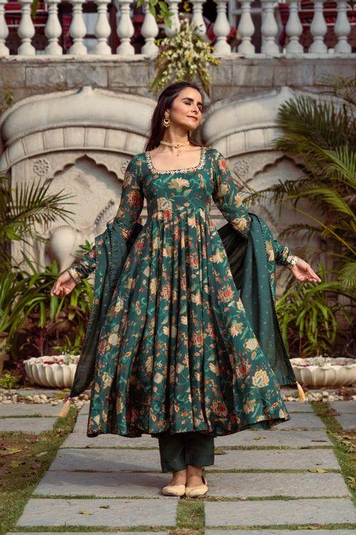 Gulmohar Green Printed Anarkali Set - Indiakreations