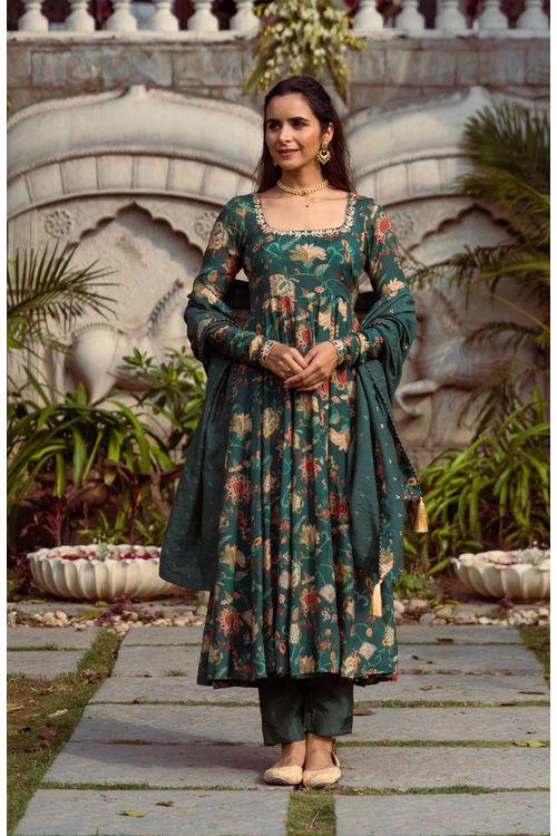 Gulmohar Green Printed Anarkali Set - Indiakreations