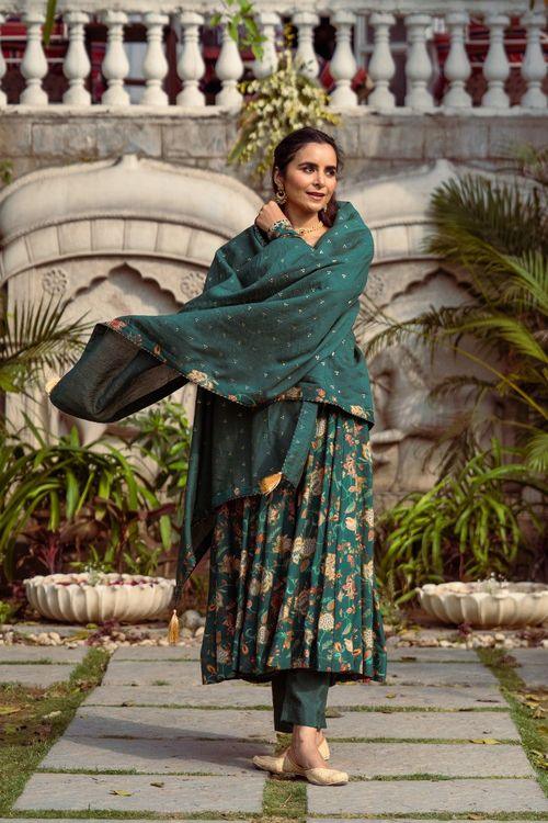 Gulmohar Green Printed Anarkali Set - Indiakreations