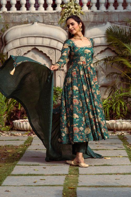 Gulmohar Green Printed Anarkali Set - Indiakreations