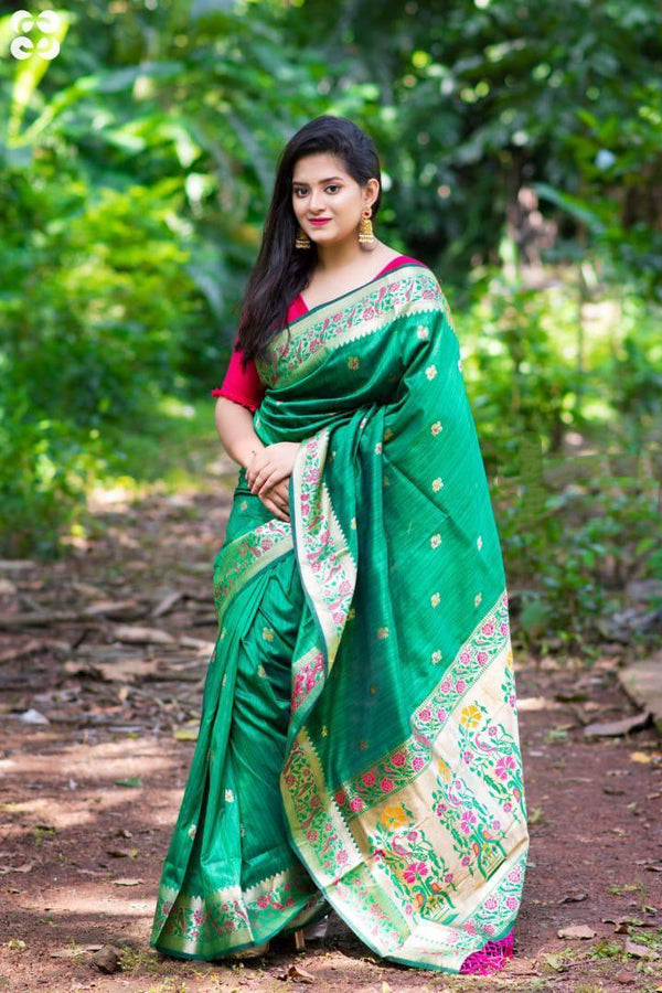 Green Banarasi Ghicha Silk Paithani Saree - Indiakreations