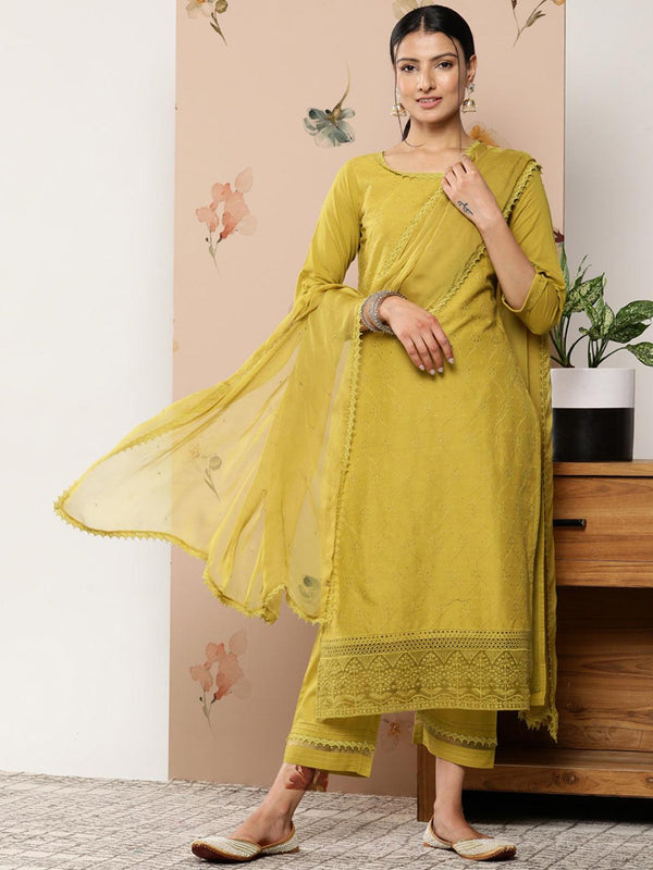 Green Embroidered Cotton Straight Kurta With Trousers & Dupatta